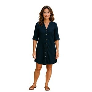 Dotti Button Up Cotton‎ Dress Small Black Rolled Sleeve Work Travel Minimalist